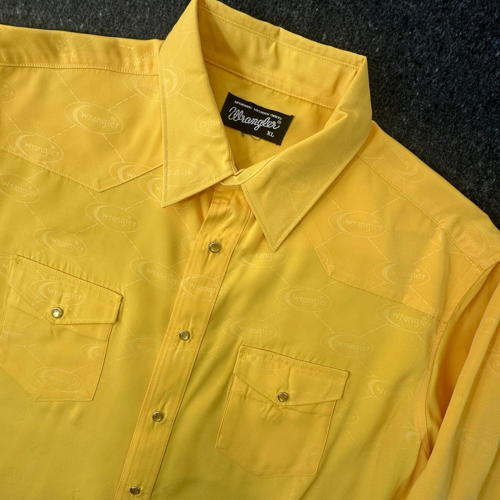Vintage Wrangler Western Shirt XL Yellow Shadow Script Logo Monogram Pearl Snap
